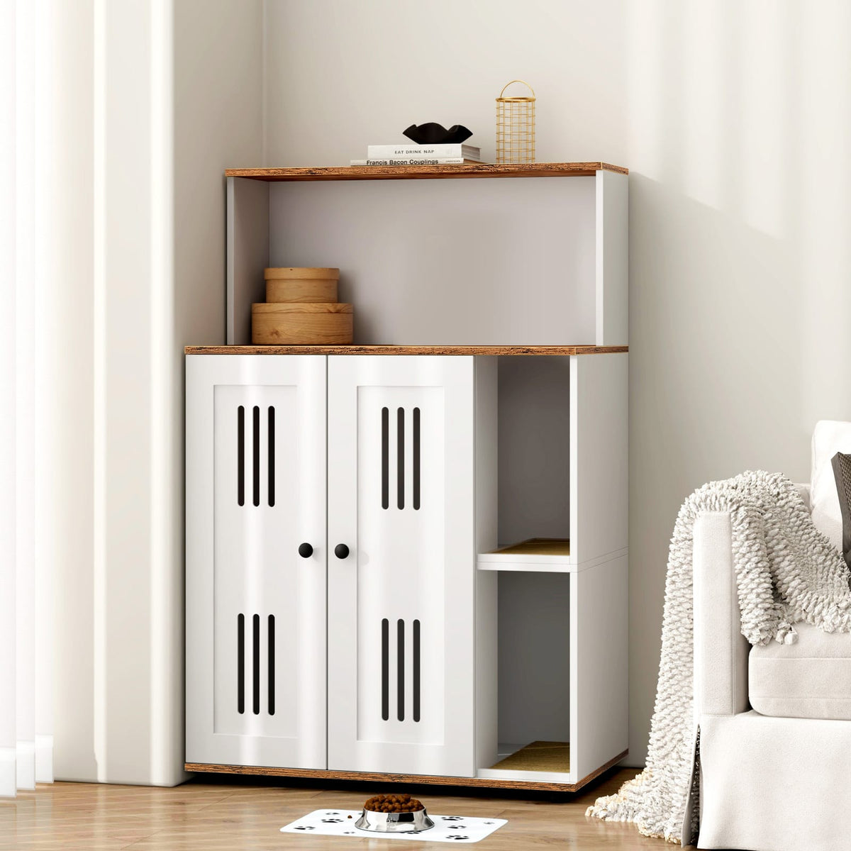 31.5" White+Walnut Cat Litter Box Cabinet - 2 Cat Storage