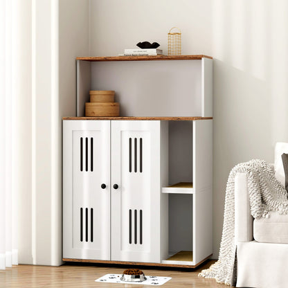 31.5" White+Walnut Cat Litter Box Cabinet - 2 Cat Storage