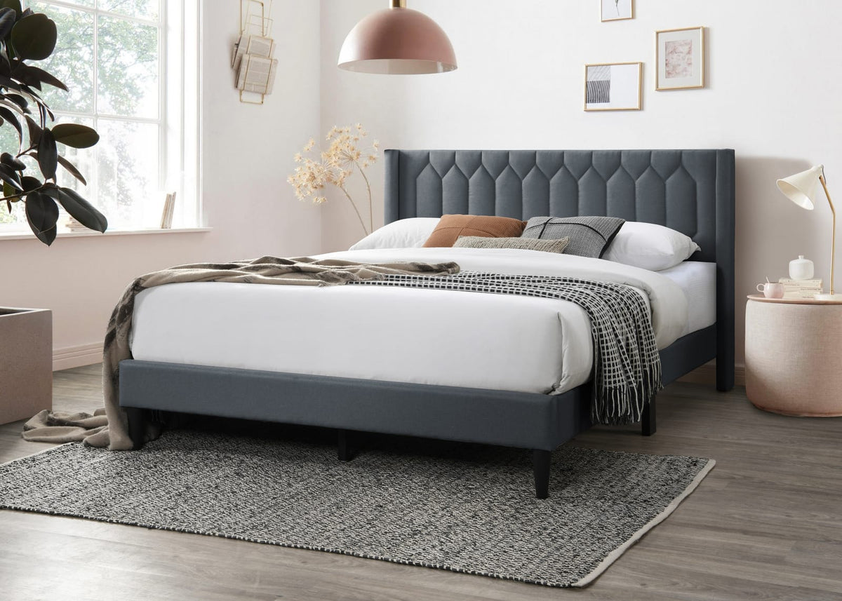 Queen Burlap Bed Frame Charcoal Wood Modern