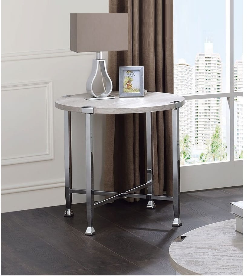 Round White Oak End Table - Chrome Metal Frame for Living Room
