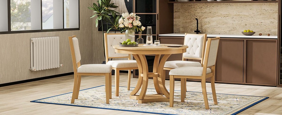 TREXM 5-Piece Retro Dining Table Set - Extendable Round Table & Chairs (Natural)