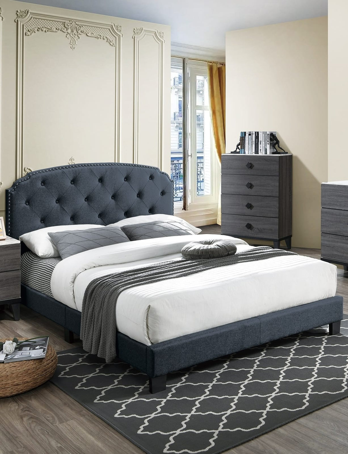 Charcoal Full Burlap Bed Frame with Button Tufted Headboard for Bedroom