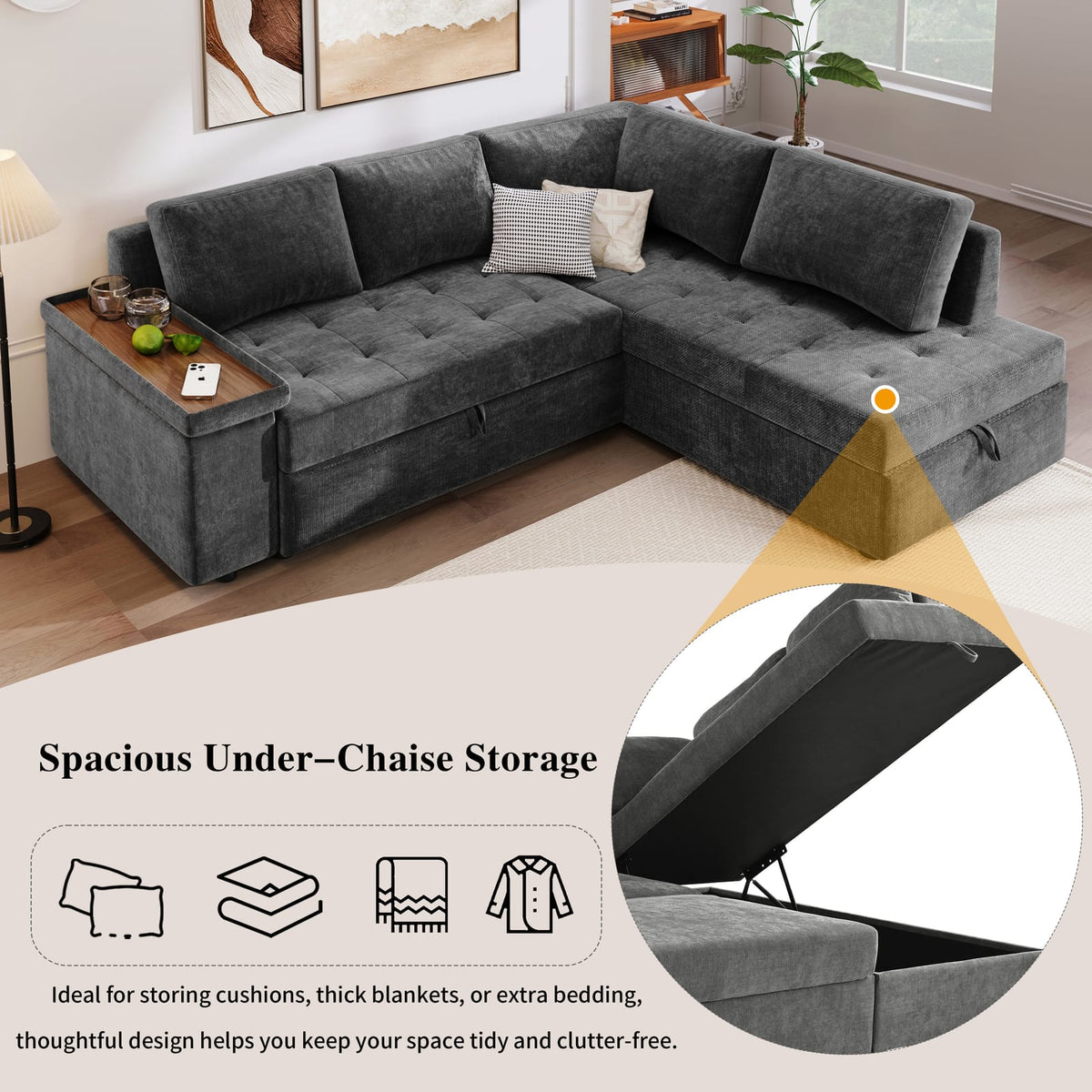 Grey Polyester Sofa Bed - 3 Seat Storage Sectional Sleeper for Living Room