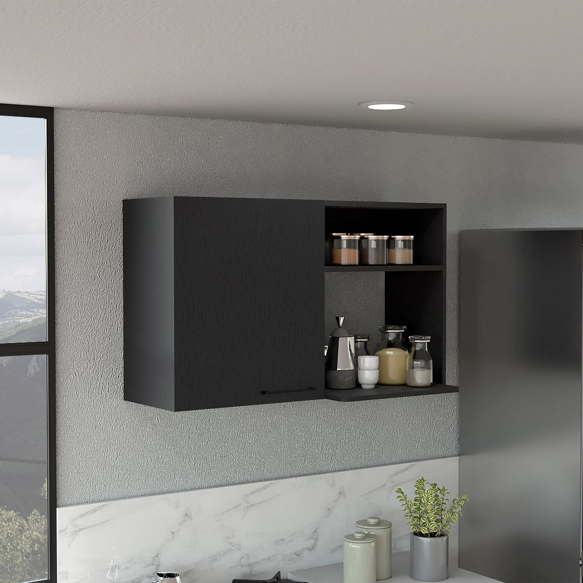Black Particle Board Cabinet with Shelves for Kitchen Storage for Living Room