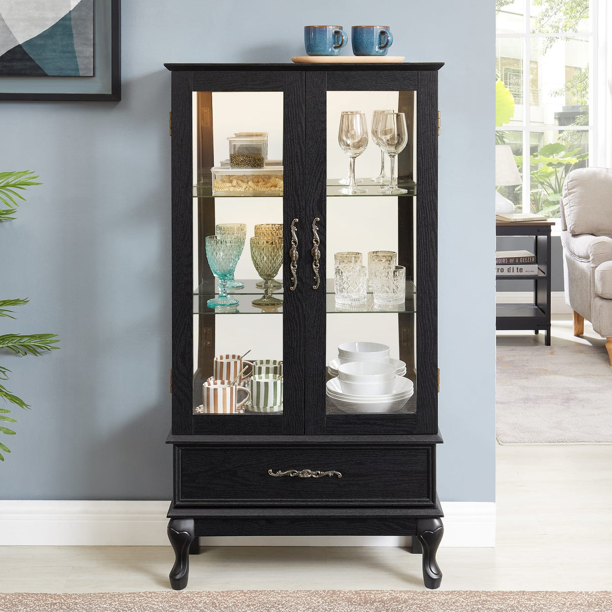 Black Glass Curio Cabinet - Display Cabinet with LED Lights