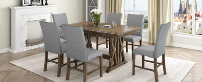 Mid-Century Solid Wood Dining Table Set - 7 Piece with Upholstered Chairs