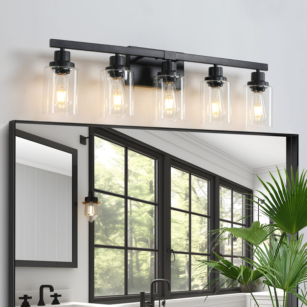 Modern Black 5-Light Bathroom Vanity Light Fixture - Iron & Glass