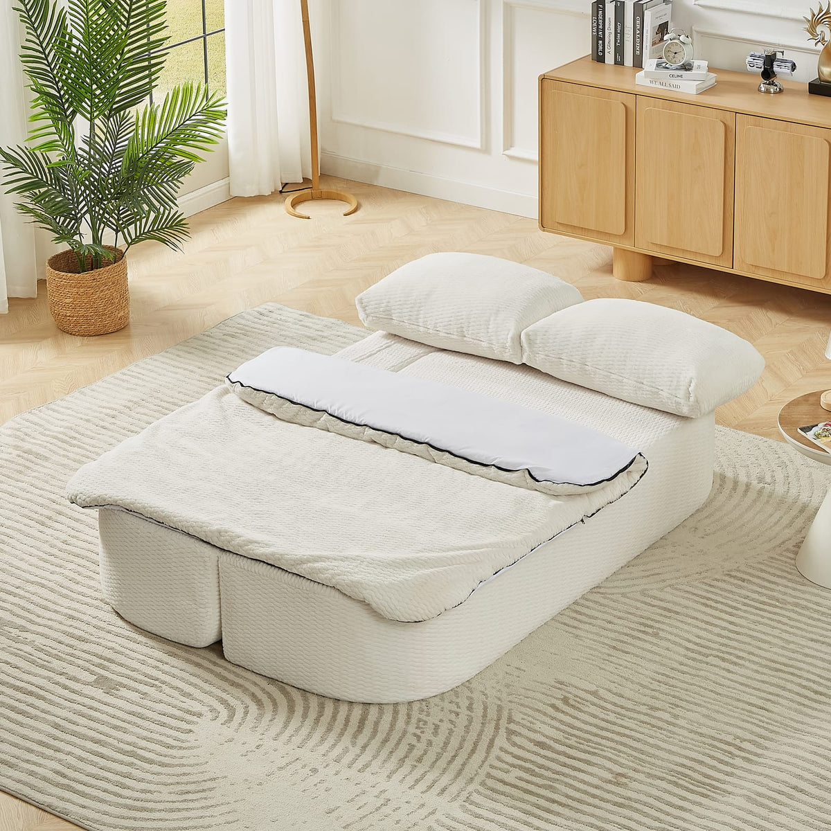 Cream Fabric Sofa Bed - 2-in-1 Folding Futon for Living Room