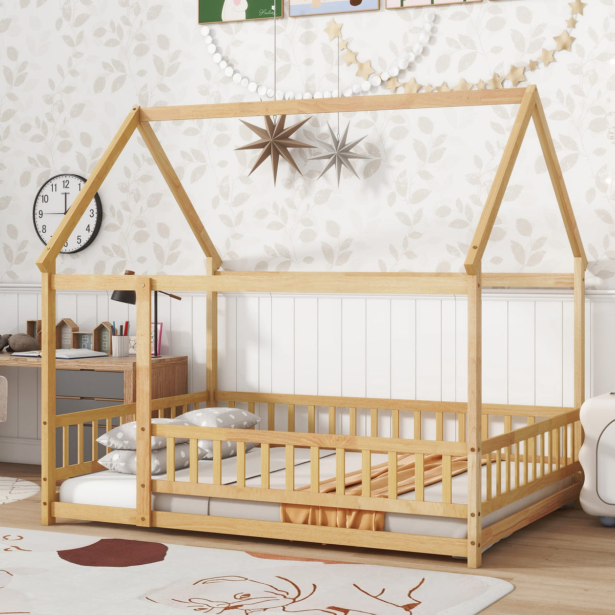 Full Size Rubber Wood House Floor Bed with Roof Frame, Natural for Bedroom