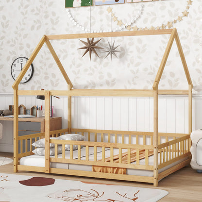 Full Size Rubber Wood House Floor Bed with Roof Frame, Natural for Bedroom
