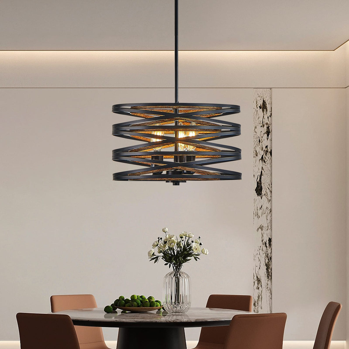 Rustic Industrial Pendant Light - Walnut & Black Metal Cage Chandelier