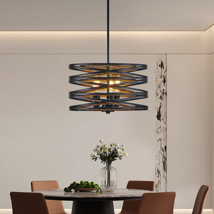 Rustic Industrial Pendant Light - Walnut & Black Metal Cage Chandelier