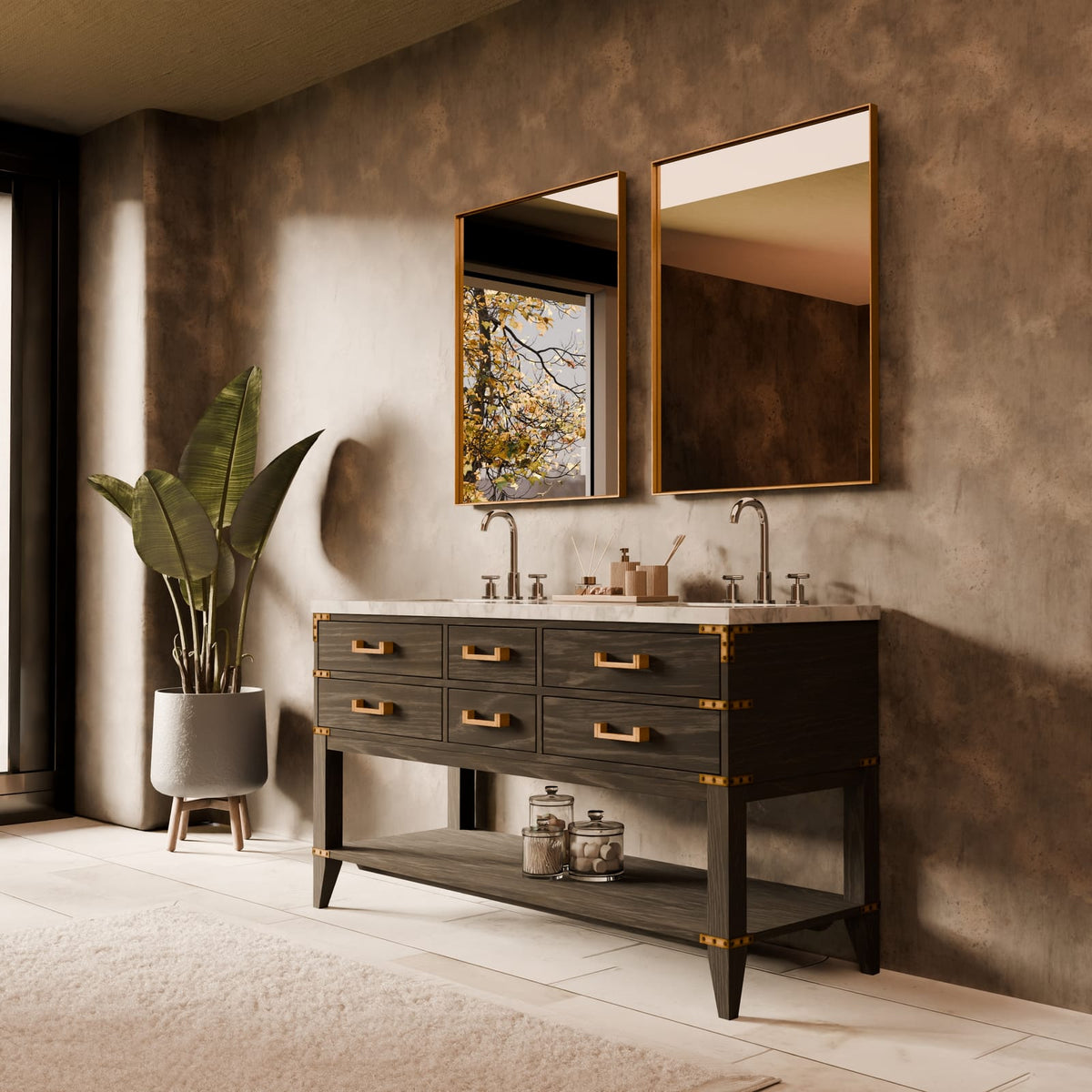 Black Oak Bath Vanity with Carrara Marble - 60" W for Bathroom