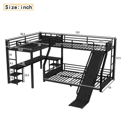 Metal Triple Bunk Bed with Desk and Slide for Kids Playroom for Bedroom