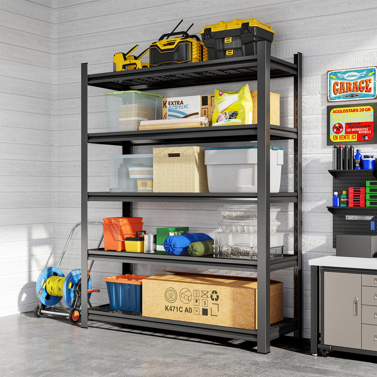 Black Metal 5-Shelf Storage Rack for Heavy Duty Living Room Organization