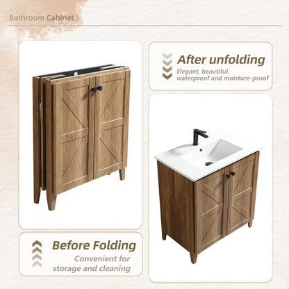30 Inch Golden Oak Foldable Bathroom Vanity Cabinet