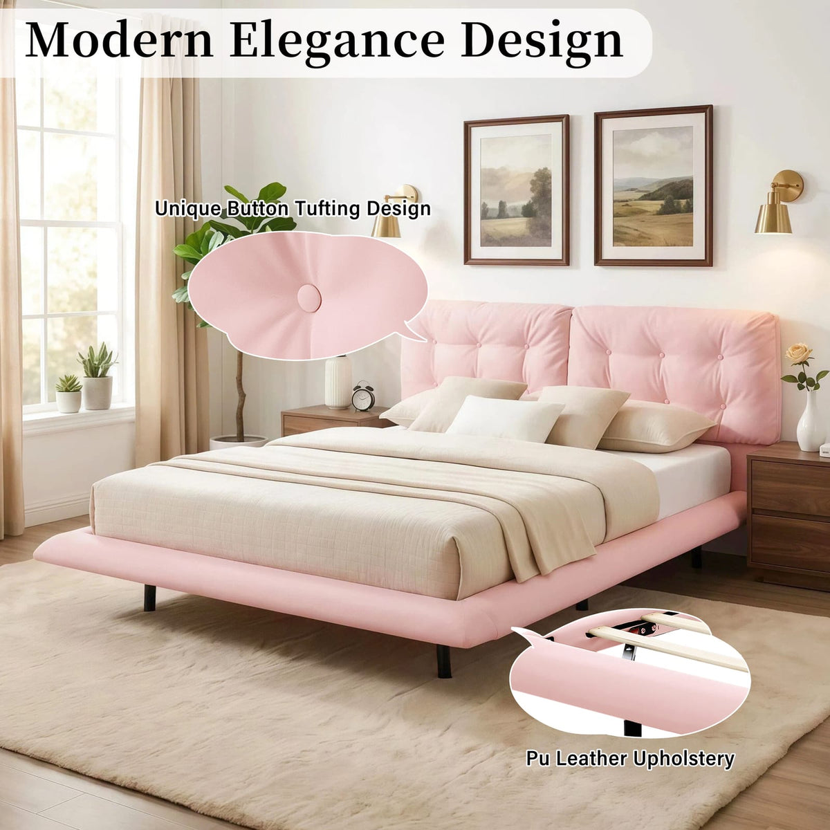 Queen Pink Upholstered Bed Frame - Button Tufted Headboard, No Box Spring Needed