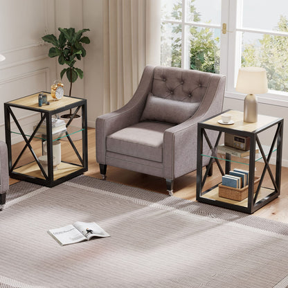 Set of 2 Modern End Tables - Glass & Wood Nightstand