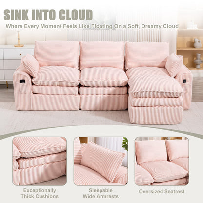 Pink Corduroy 3-Seat Sectional Sofa - Plush Comfort for Living Room