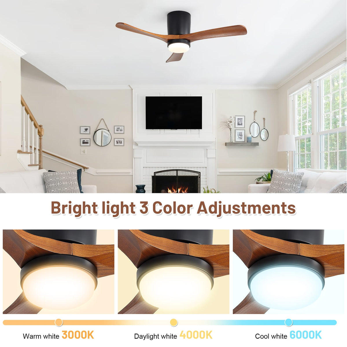 42 Inch Ceiling Fan with Wood Blades, Matte Black - Dimmable LED