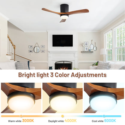 42 Inch Ceiling Fan with Wood Blades, Matte Black - Dimmable LED