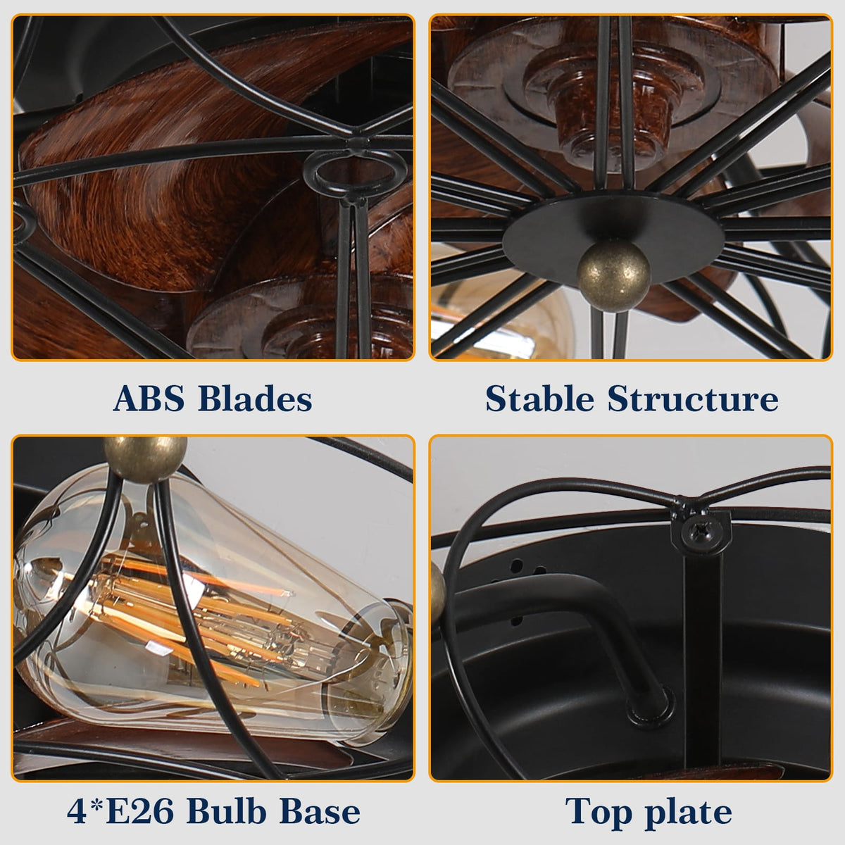 Low Profile Caged Ceiling Fan with Lights - Black Iron