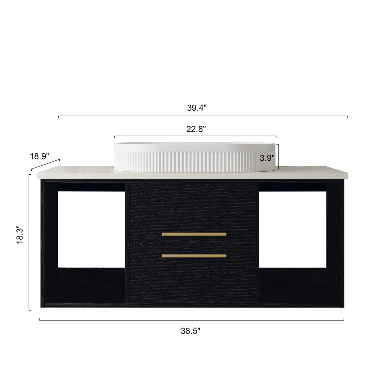 Modern Black Ceramic Bathroom Vanity - 39.4" Wall-Mounted Storage