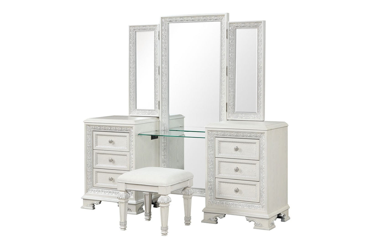Traditional Creamy White Vanity with 5 Drawers and LED Lighting for Bedroom