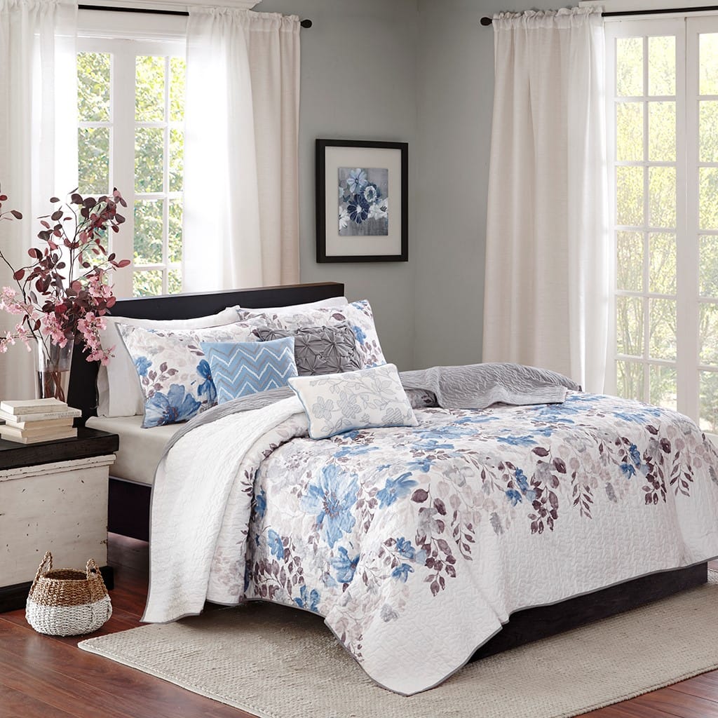 Blue King Quilt Set - 6 Piece Reversible Floral Bedding