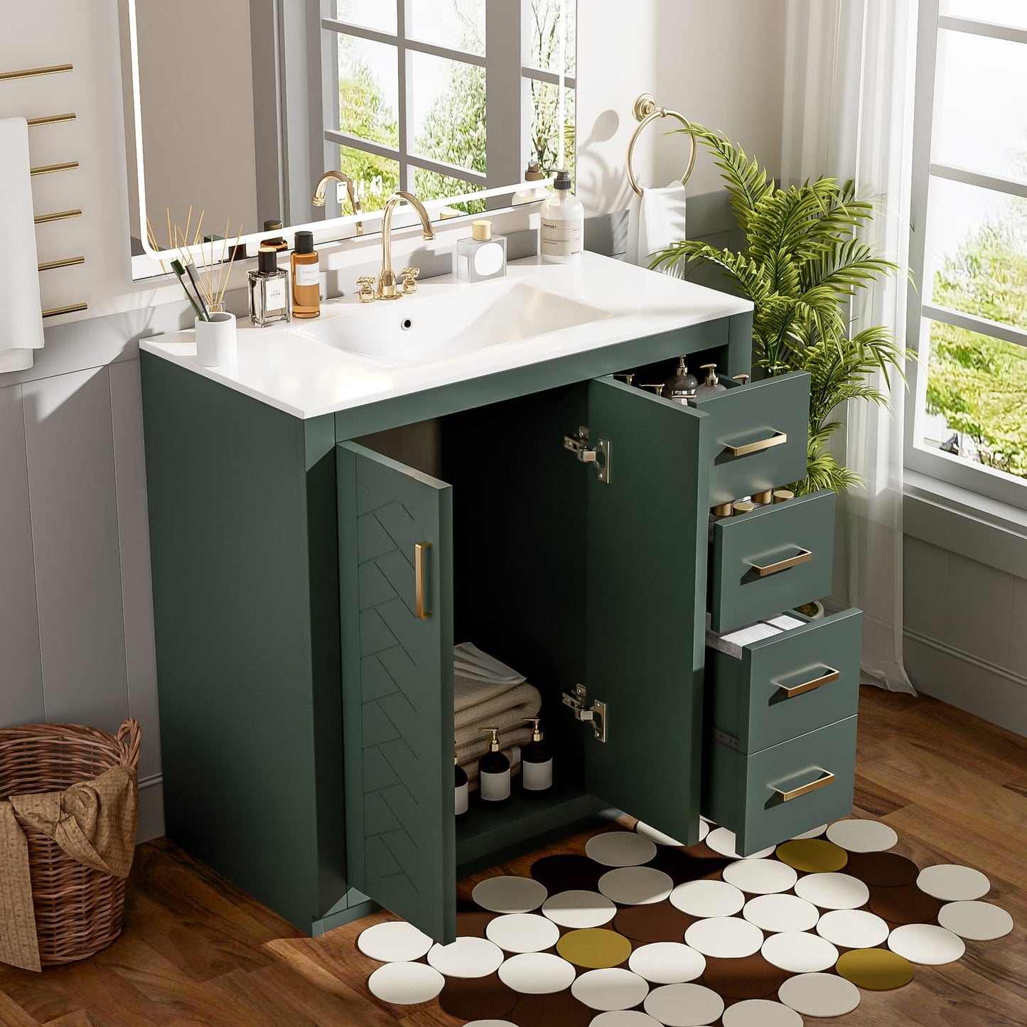 36 Inch Green Bathroom Vanity with Ceramic Sink and Drawers