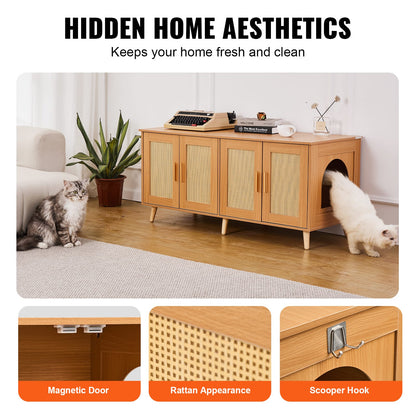 47.2" Natural Particle Board Cat Litter Box Furniture with Rattan Doors
