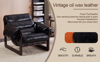 Antique Black Oil Waxed Leather Lounge Chair - 27.56" W for Living Room