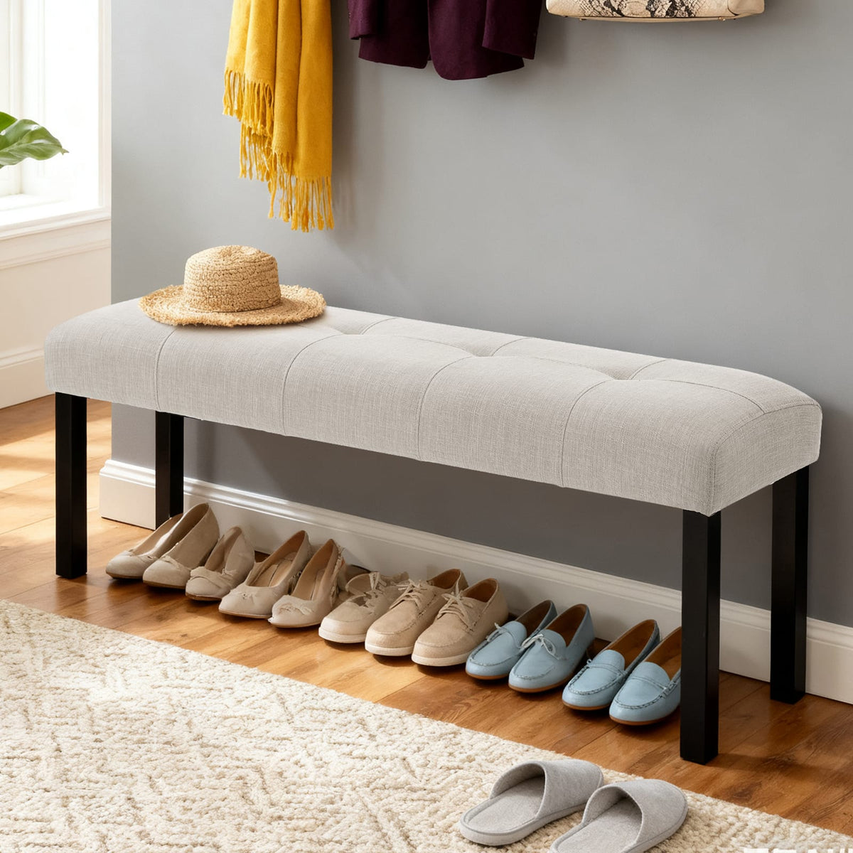 Modern Beige Linen Dining Bench - Farmhouse Entryway Seat