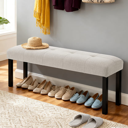 Modern Beige Linen Dining Bench - Farmhouse Entryway Seat