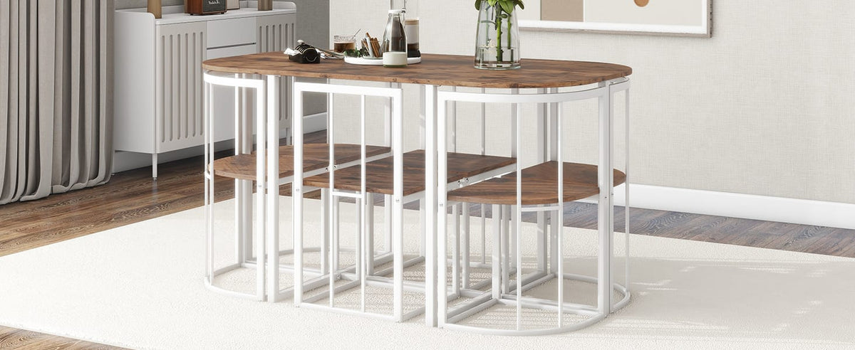 Modern 7-Piece Dining Table Set - White Iron, Seats 6
