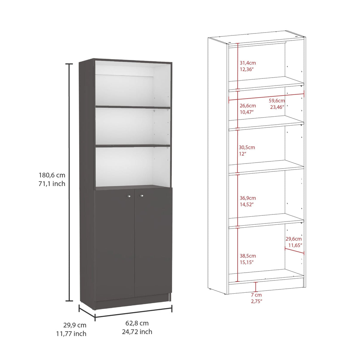 2-Door Bookcase - Multi Color Storage Unit for Living Room
