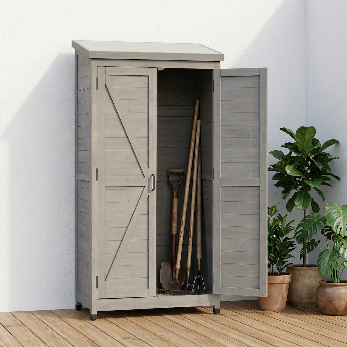 Grey Solid Wood Outdoor Storage Cabinet for Garden Patio Organization