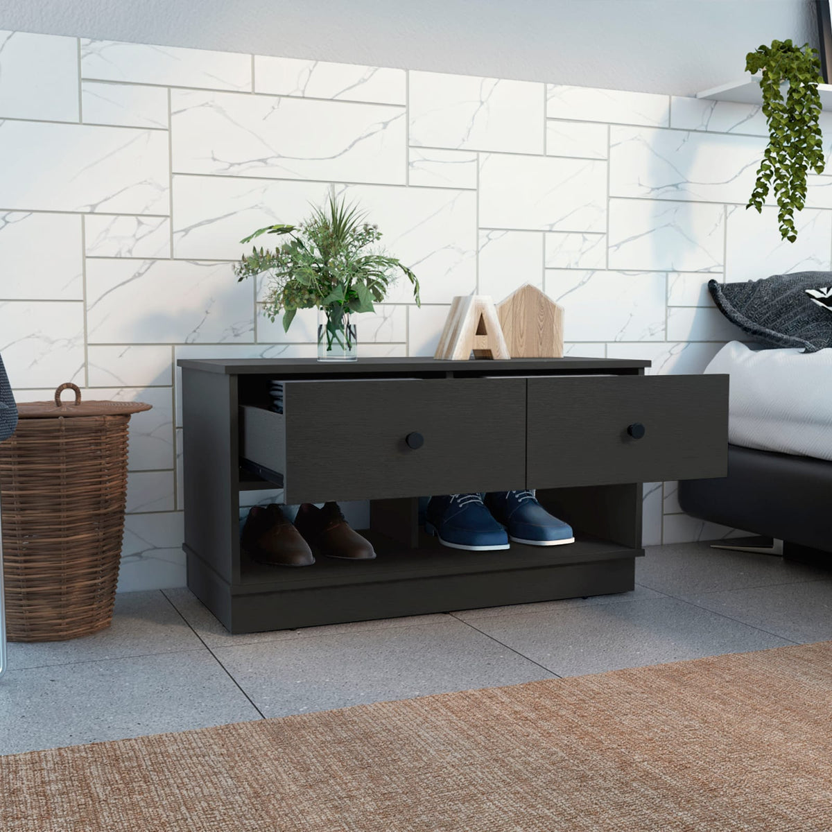 Black Modern Storage Bench with Shelves & Drawers