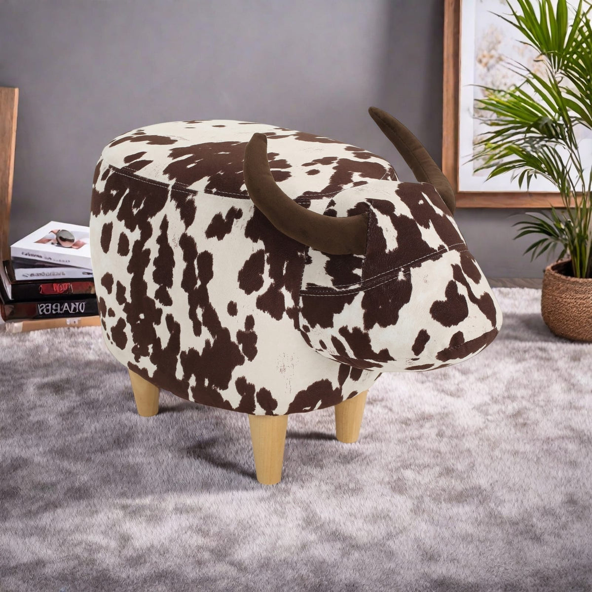 Brown & White Cow-Shaped Ottoman - Modern Accent Stool