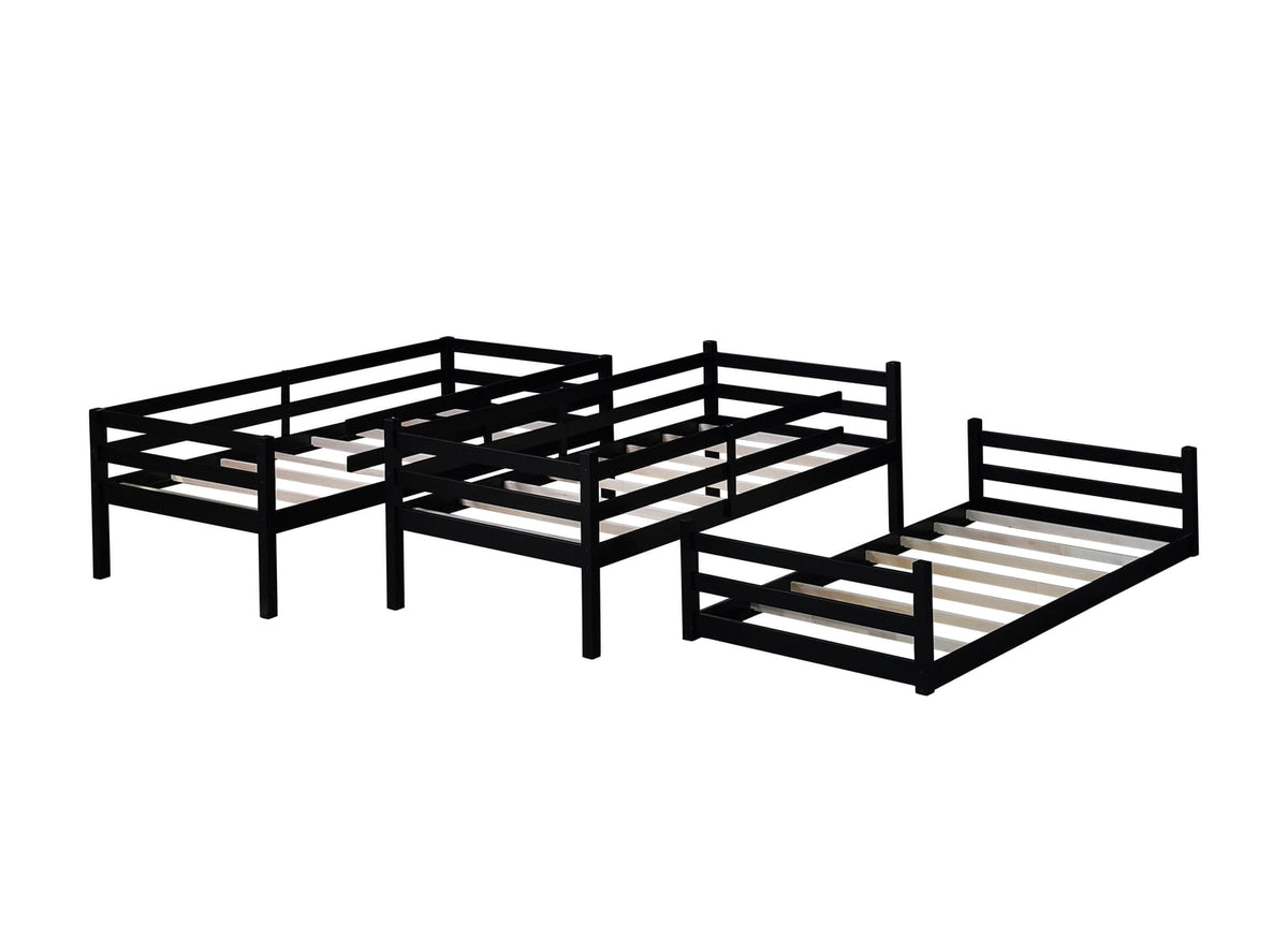 Black Rubber Wood Triple Bunk Bed with Ladders and Guardrails for Bedroom