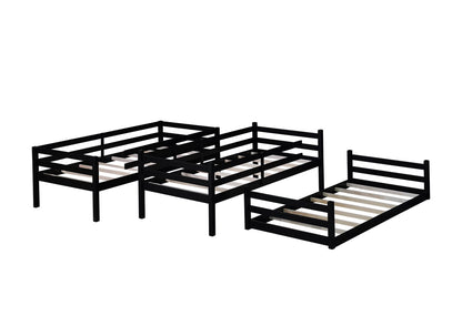 Black Rubber Wood Triple Bunk Bed with Ladders and Guardrails for Bedroom