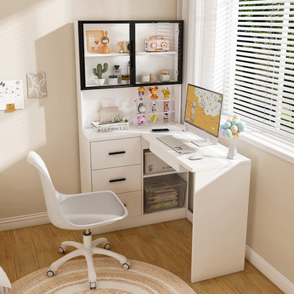 White L-Shaped Office Desk with Glass Cabinets & LED Lights for Home Office