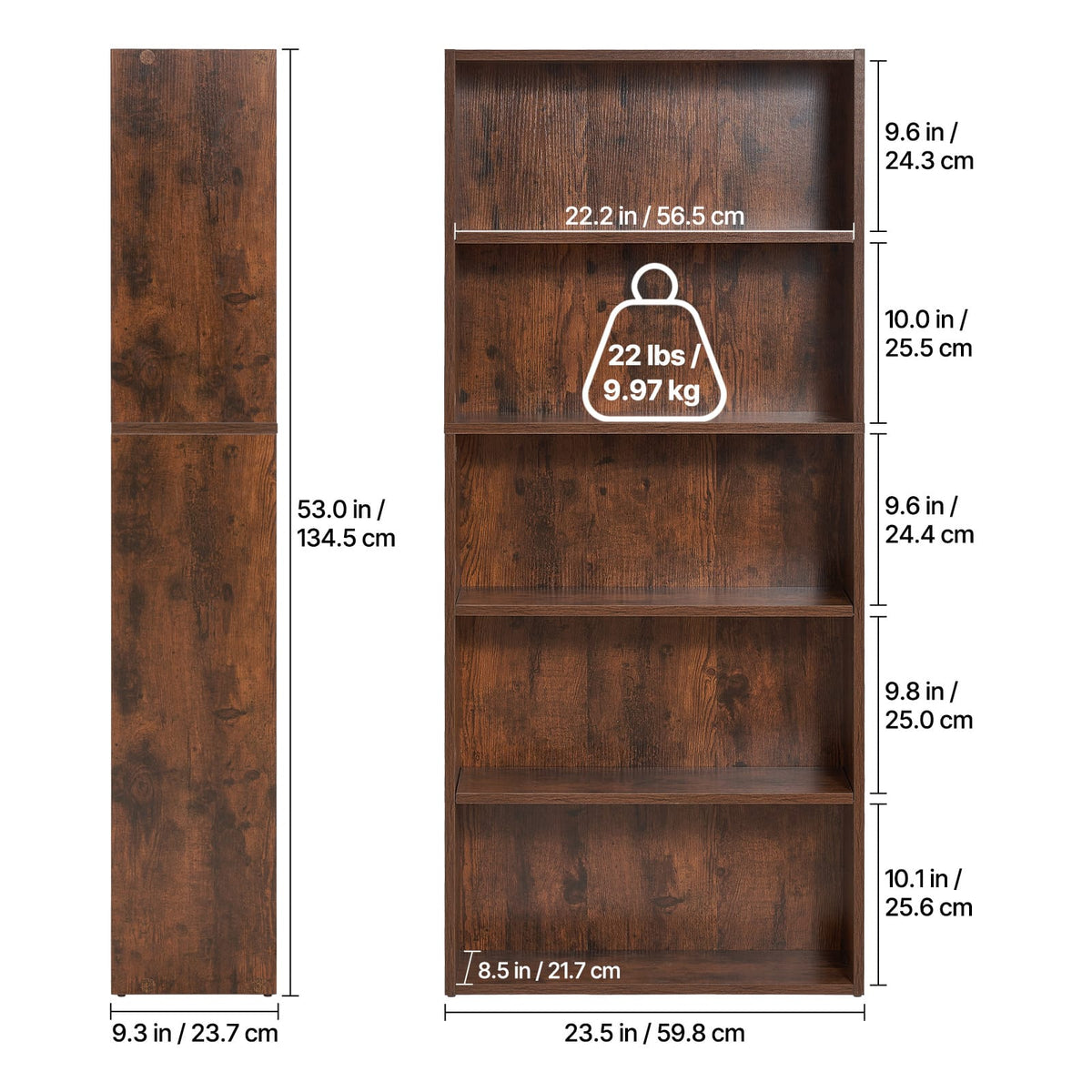 5-Tier Brown Bookcase - Tall Bookshelf for Bedroom for Living Room