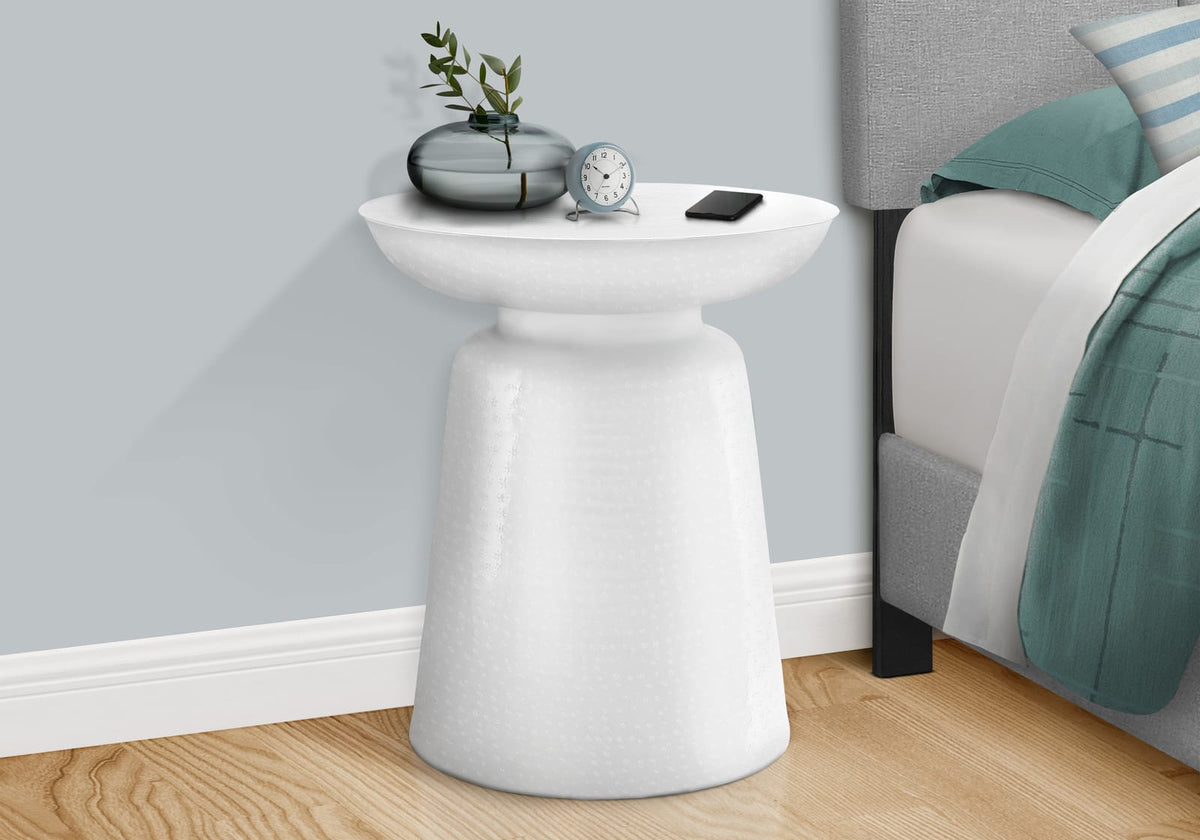 White Metal Accent Table - Drum Side Table for Living Room Bedroom
