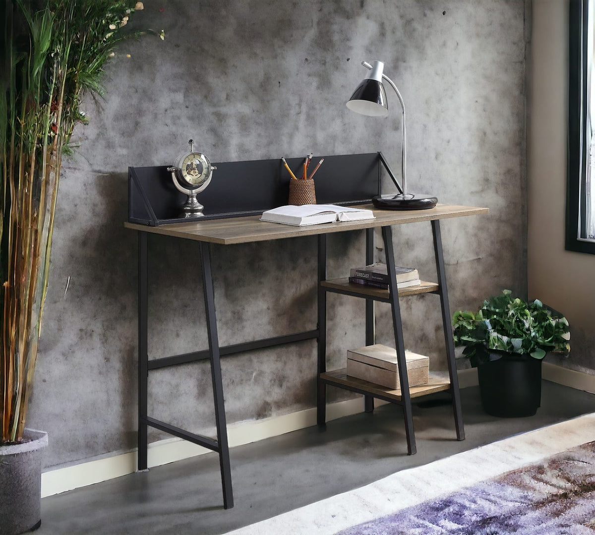 Rustic Oak Writing Desk with Black Legs & Storage for Home Office
