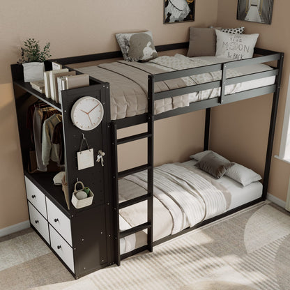 Twin Size Bunk Bed with Wardrobe & Storage - Black Wood Frame for Bedroom