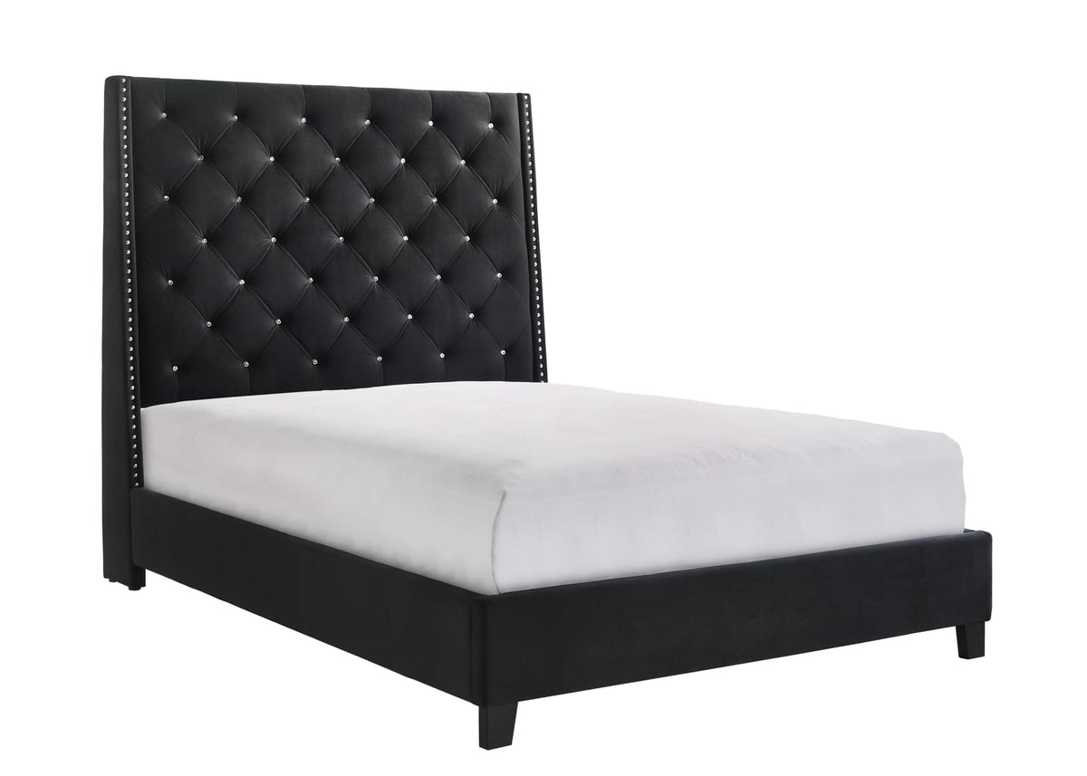Queen Black Wood Bed Frame Button Tufted Modern