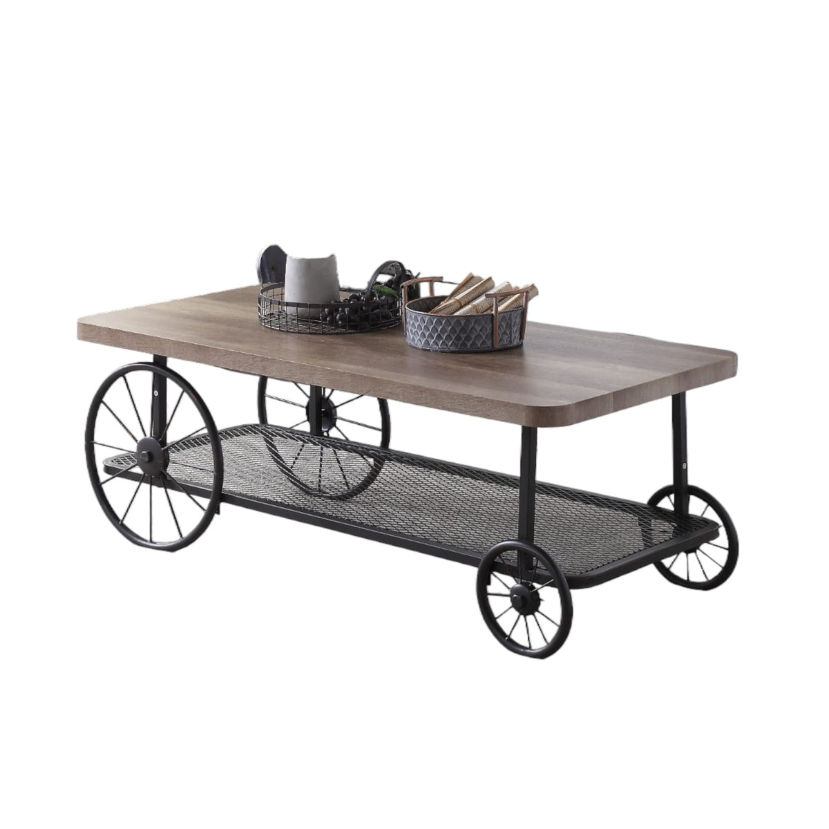 Oak Coffee Table with Antique Grey Finish & Shelf for Living Room