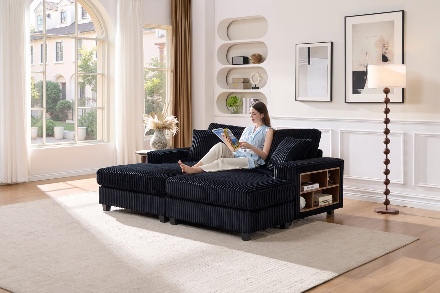 Black Wood Sectional Sofa - 2 Seat for Living Room Apartments