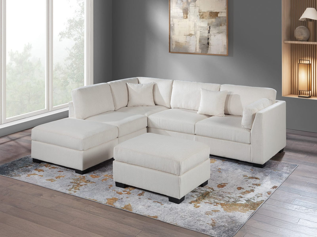 Beige Corduroy L-Shaped Sectional Sofa - 5 Seats for Living Room